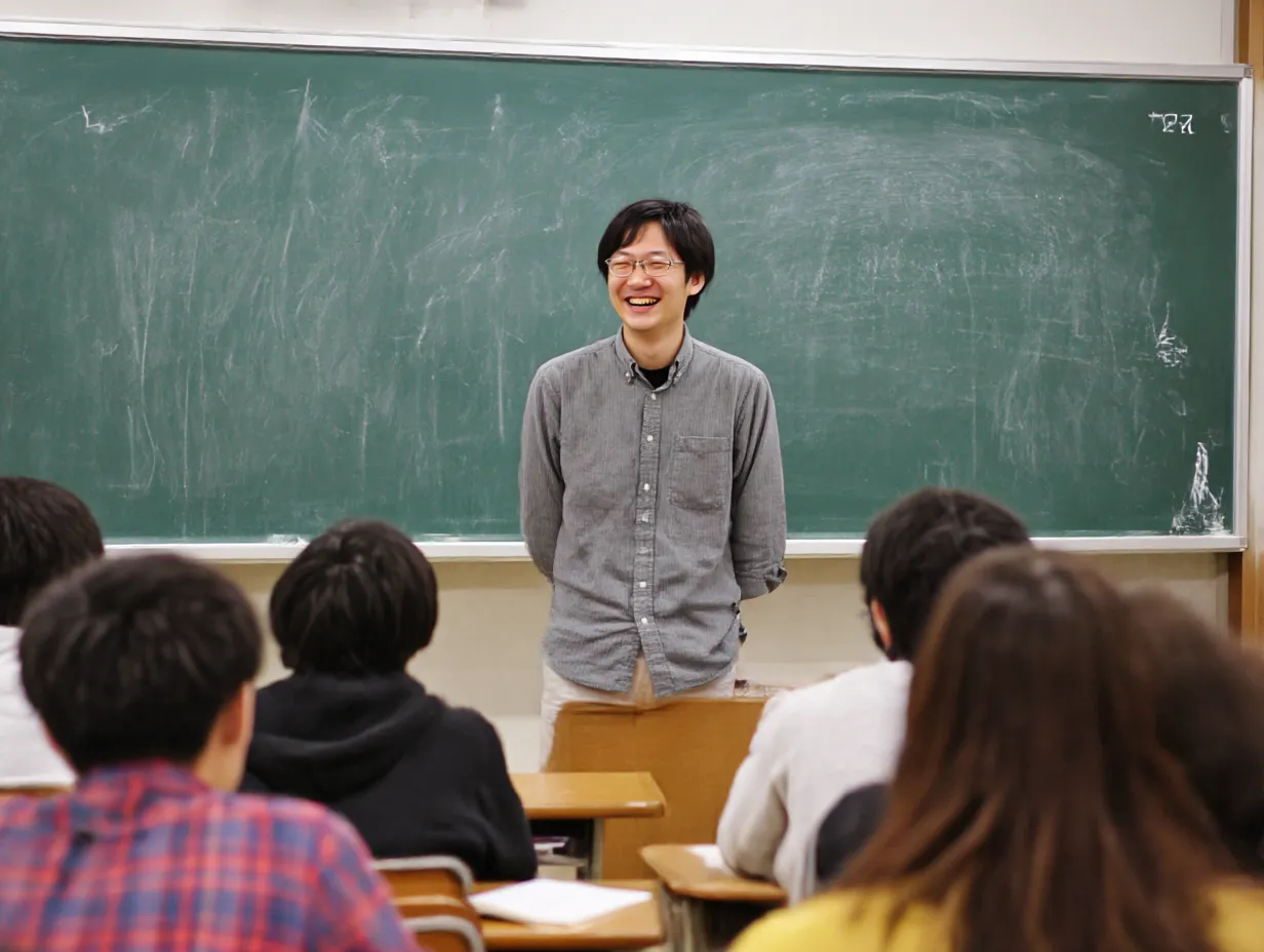 教室で学生に話す若手講師の話す｜黒板前に立つ若い講師が笑顔で学生に話す様子を捉えた写真。自然な雰囲気で「話す」場面を演出し、教育現場での活用に適した構図。