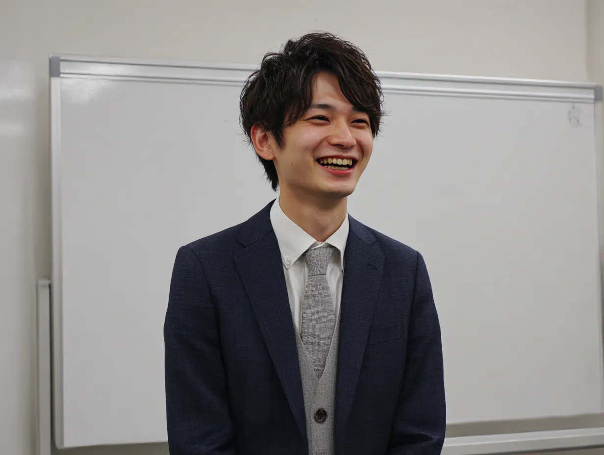 ホワイトボード前で話す若手社員の話す｜ホワイトボード前に立ち笑顔で「話す」若手社員の姿。説明や自己紹介など、対面での発信シーンを爽やかに描いたビジネス写真。