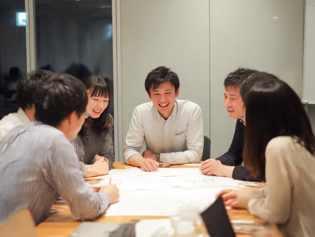 和やかな雰囲気で行う若手会議の話し合い｜資料を囲みながら笑顔で意見を交換する若手チームの様子。真剣ながらも柔らかい「話し合い」の場面が印象的で、協働する職場のイメージに最適。