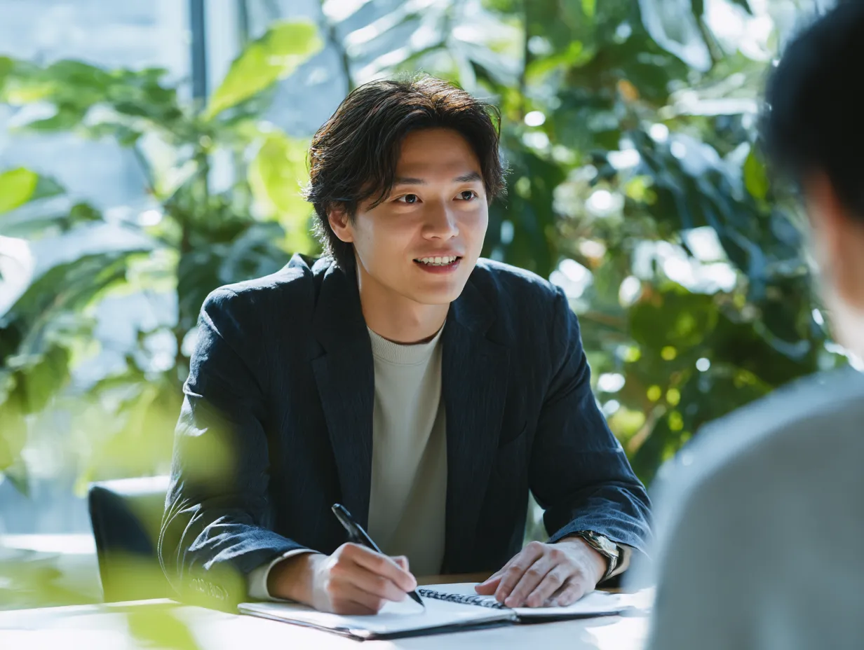 聞く姿勢の若手ビジネスマン｜明るい日差しと観葉植物に囲まれた空間で、若手ビジネスマンが熱心に話を聞く場面。ビジネスシーンにおける前向きで柔らかな「聞く」姿勢を演出し、対話の重要性を感じさせる構図。