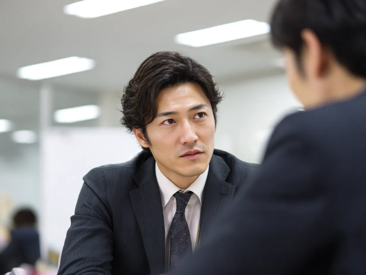 真剣に聞く中堅ビジネスマン｜スーツ姿で真剣な眼差しを向けるビジネスマンが「聞く」ことに集中する様子を捉えた構図。硬派な表情が意思決定の場での緊張感と誠実さを伝えるビジネス素材。
