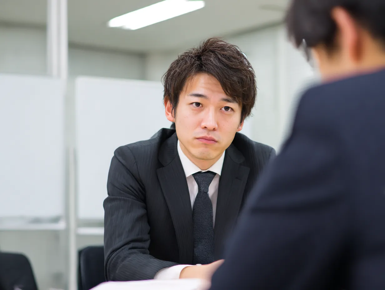 静かに聞く営業担当者｜相手に対して真摯な姿勢で向き合いながら「聞く」営業担当者の様子を写した一枚。フォーマルな環境下での信頼構築の場を演出し、企業紹介などに適した写真。