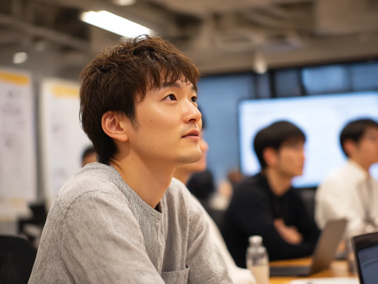 話を聞く若手社員の学びの姿｜セミナー会場で真剣に講義を「聞く」若手社員の姿を描いた構図。ラフな服装と集中した表情が学習意欲を強調し、教育・研修系の素材としても活用できる。