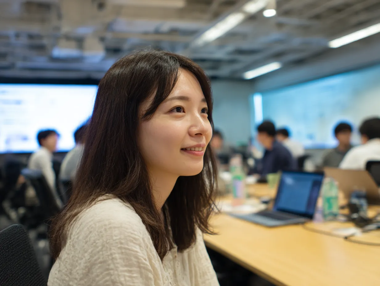 聞く姿勢の若手女性社員｜カジュアルな服装の女性社員が柔らかく微笑みながら話を聞いている姿が印象的。自然体で親しみのある「聞く」シーンは、社内広報や採用素材に適する。