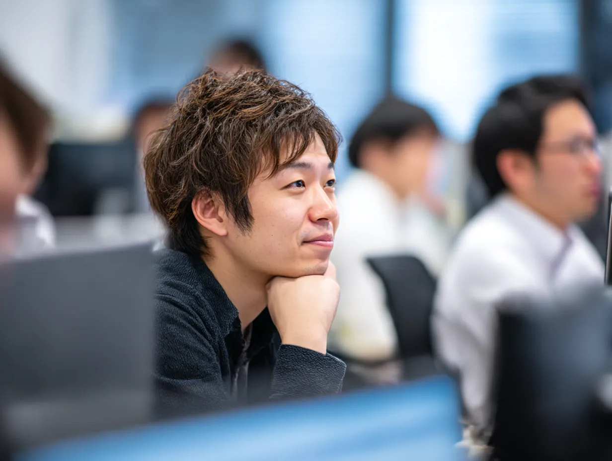 聞く態度の若手男性社員｜リラックスした雰囲気の中で、頬杖をつきながら話を「聞く」若手男性の姿が描かれており、オフィスの日常的な学習や研修風景の素材にぴったり。