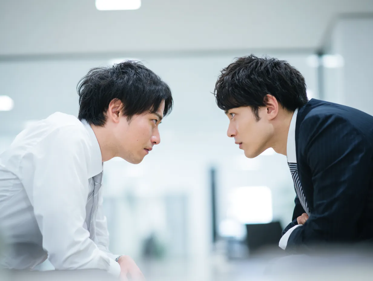 真剣に聞くビジネスマンの対話｜真正面で目を合わせる2人の男性が緊張感のある中で「聞く」ことに集中している構図。議論や交渉場面などのシリアスなビジネスシーンに適する。