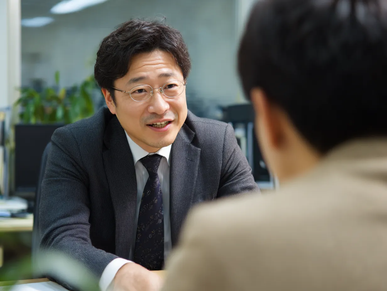 相談を受ける管理職の傾聴姿勢｜スーツにメガネの管理職が穏やかな表情で部下の話に「聞く」姿勢を見せる構図。信頼関係を示す場面として、社内教育や組織風土紹介に最適。