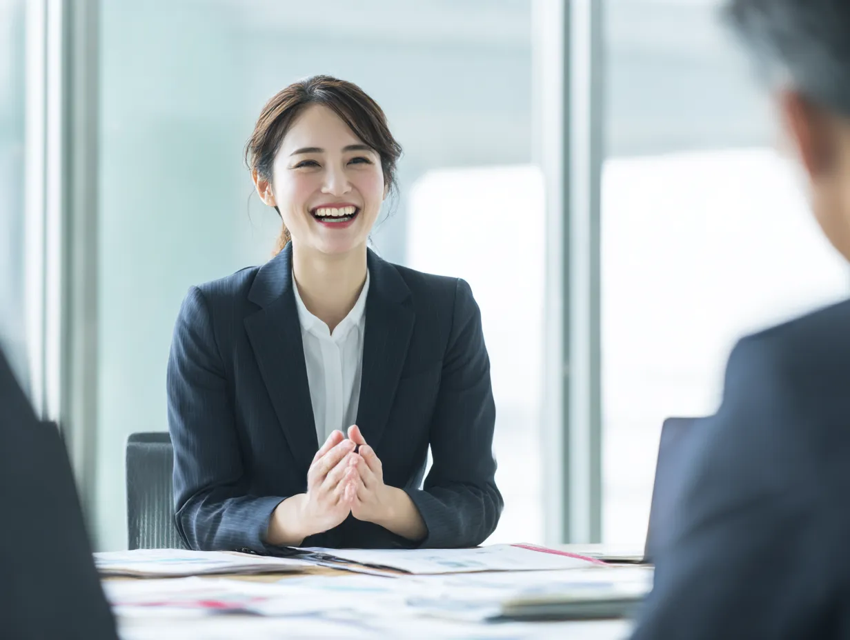 相談を聞く女性マネージャーの笑顔｜窓辺の明るい会議室で、笑顔で「聞く」女性マネージャーが印象的。信頼感と明るさを同時に伝え、面談や人事関連のイメージに適する。