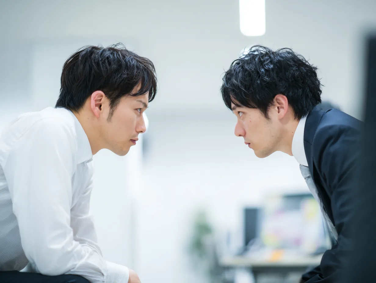 相談し合う真剣なビジネスパーソン｜対面で真剣に視線を交わし、緊張感を保ちながら「聞く」ことに集中する二人の男性。職場内での対話や意見交換の重要性を示す素材。