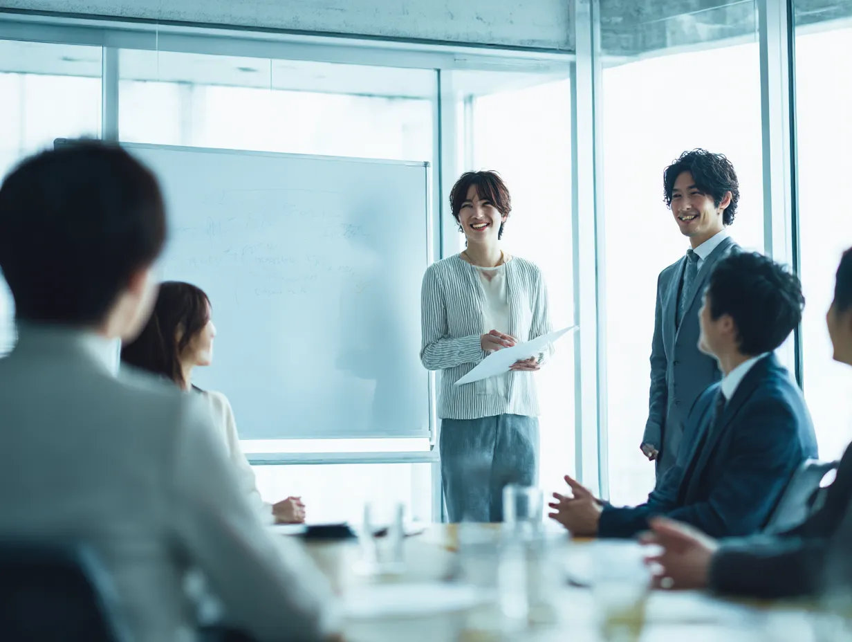 会議で聞く姿勢の若手社員｜ガラス張りの会議室で発表を受ける若手社員たちが「聞く」ことに集中している様子を描写。自然光と笑顔が調和した明るい企業文化を感じさせる構図。