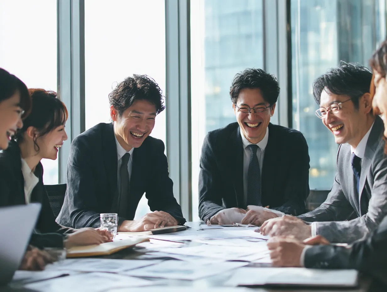 笑顔で聞く会議メンバーの一体感｜高層ビルの会議室で笑顔を交わすビジネスパーソンたちの姿から、互いの意見を尊重しながら「聞く」ことで生まれる信頼感とチームの一体感が伝わる。