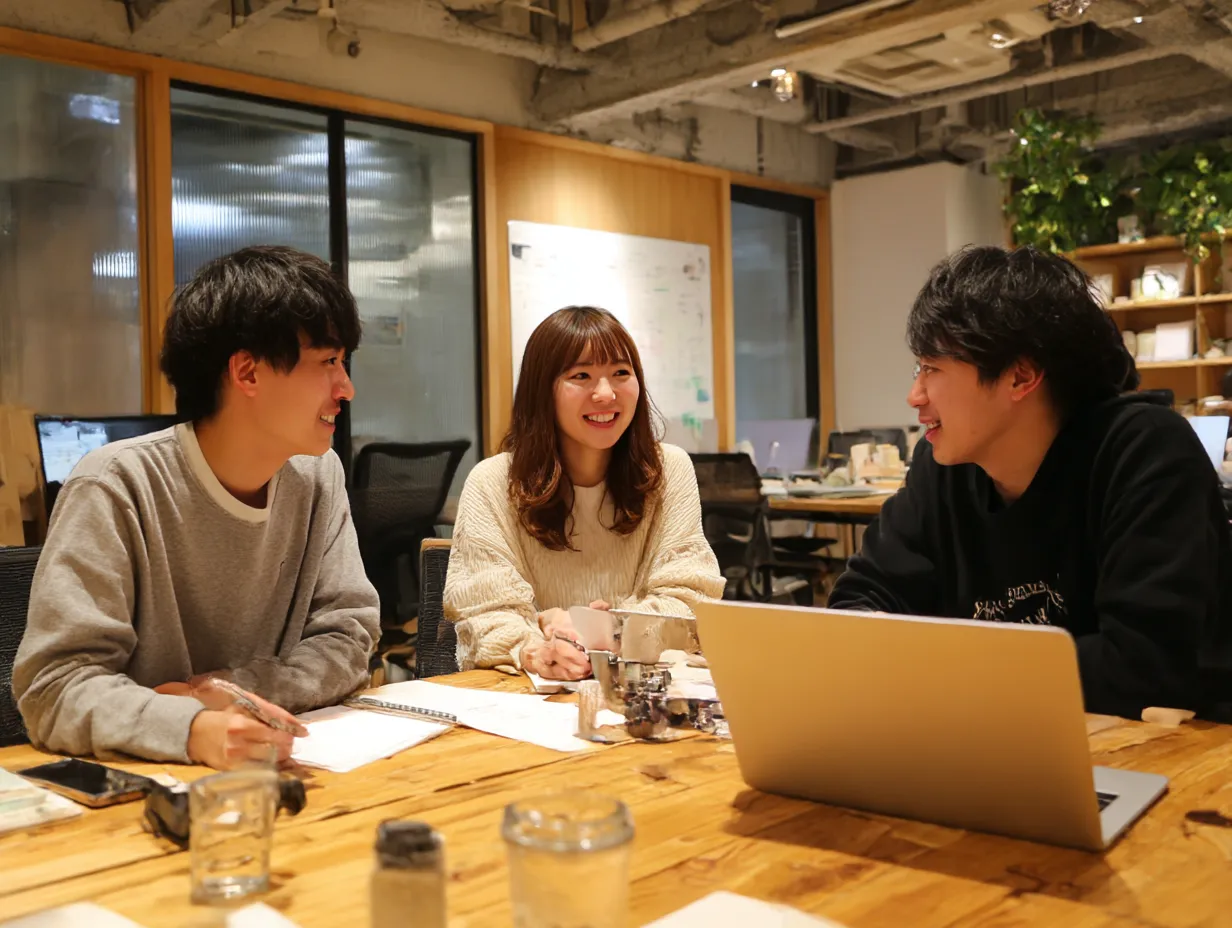 リラックスして聞く若手チーム｜木製テーブルに囲まれた温かな空間で、笑顔で会話を「聞く」若手メンバーたち。カジュアルで自由な発想が生まれそうな雰囲気を持つクリエイティブ会議。