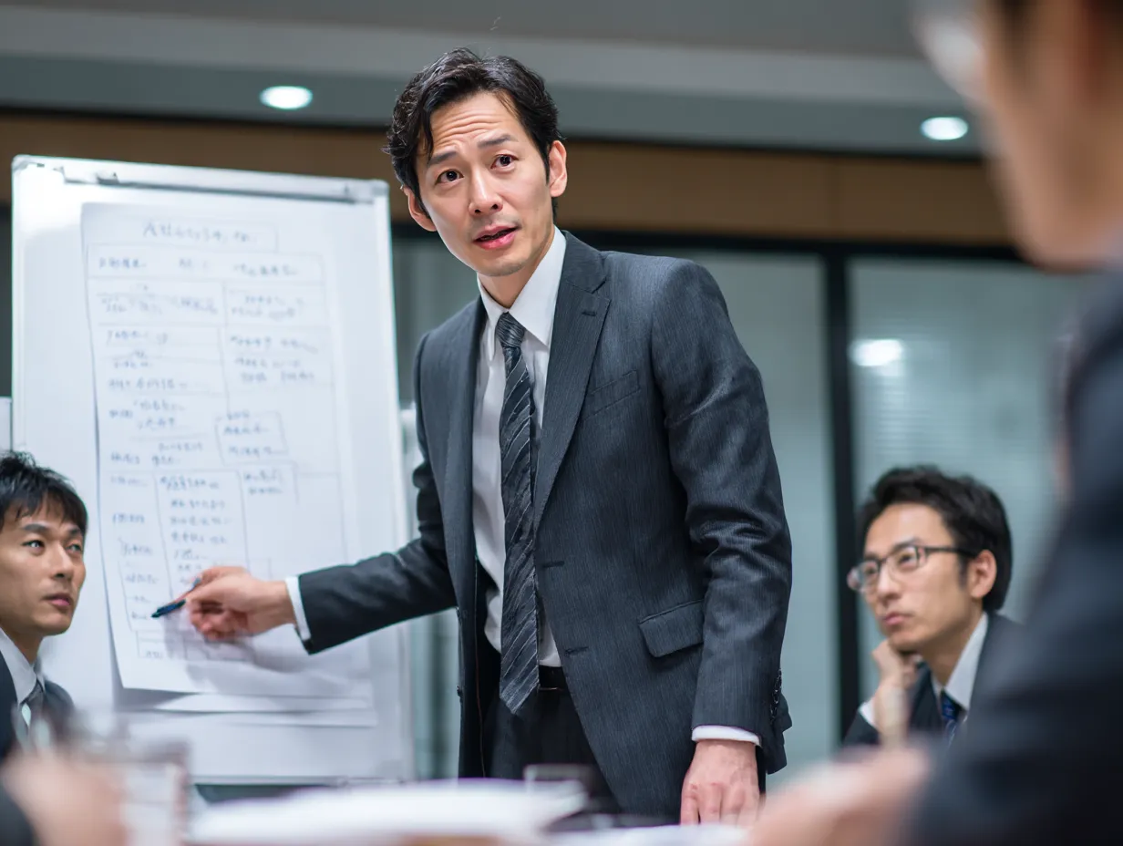真剣に聞く中堅社員の表情｜ホワイトボード前で話す発表者に視線を向け、真剣に「聞く」表情の中堅社員たち。課題解決や意思決定の場面をリアルに表現したビジネス素材。