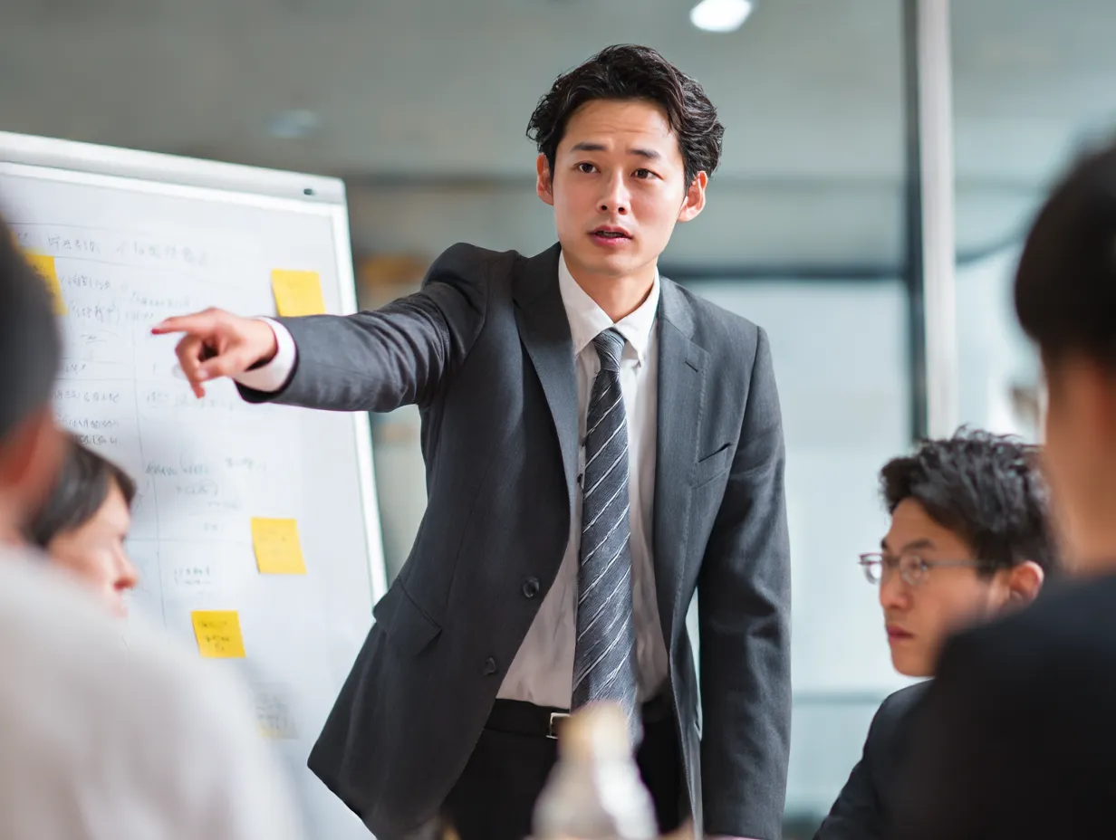 リーダーの声を聞く若手メンバー｜指し示すリーダーの説明に真剣な面持ちで「聞く」チームメンバーの様子が描かれ、意思疎通やチームワークの重要性を感じさせる構成。