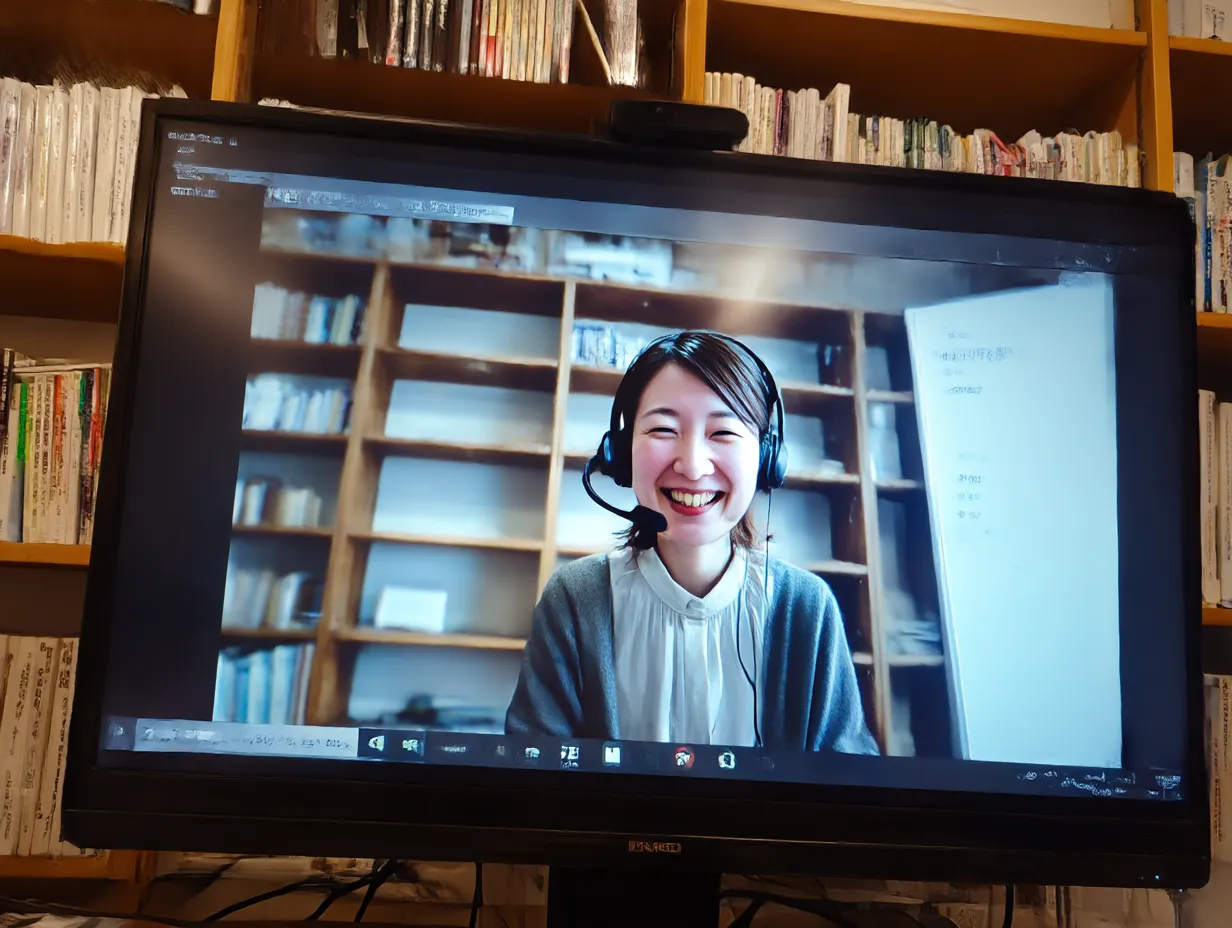 笑顔で対応する女性のWeb会議風景｜木製の本棚を背景に、ヘッドセットを装着した女性がモニター越しに明るく話す様子が描かれており、柔らかな色調でWeb会議の温かな雰囲気を表現した素材。