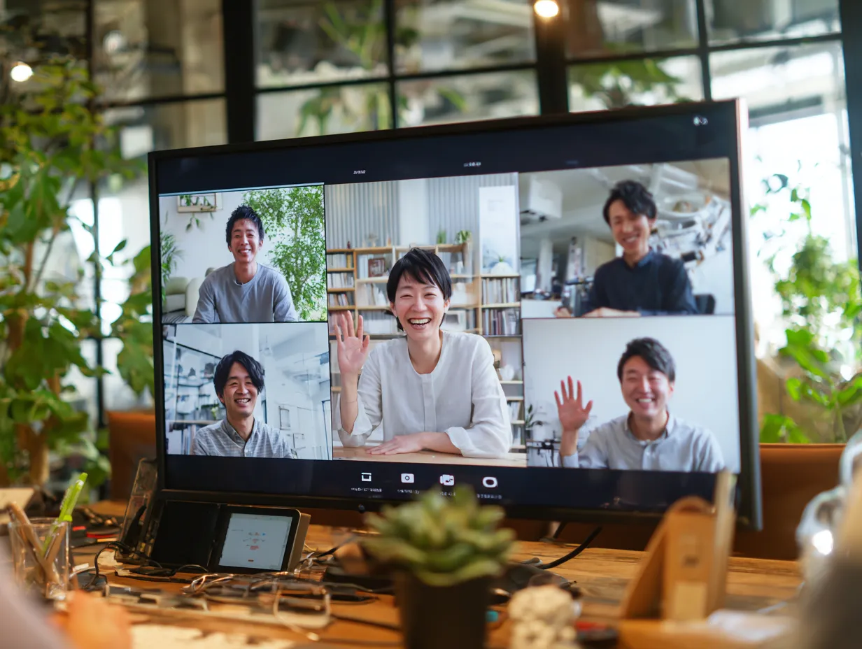 画面越しに交流するWeb会議参加者｜5分割された画面に笑顔の参加者が配置された構図。インテリアやライティングにも配慮されており、活気あるWeb会議の様子をリアルに表現したビジネス素材。