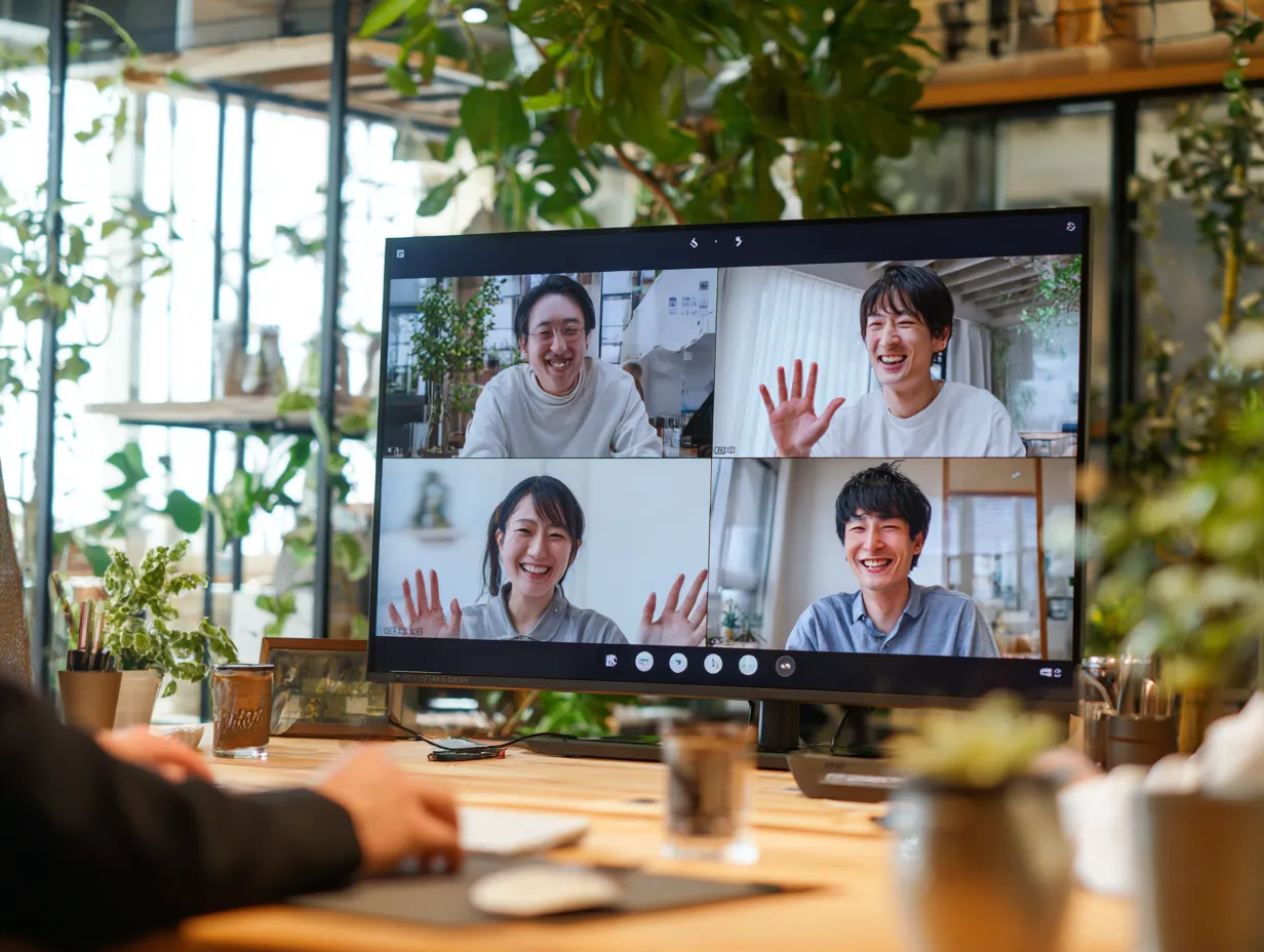 明るい雰囲気のWeb会議画面構成｜ナチュラルなグリーンが映える空間で行われるWeb会議を、明快で視認性の高い画面構成とともに表現。参加者の表情も豊かで、信頼感ある印象を与える。