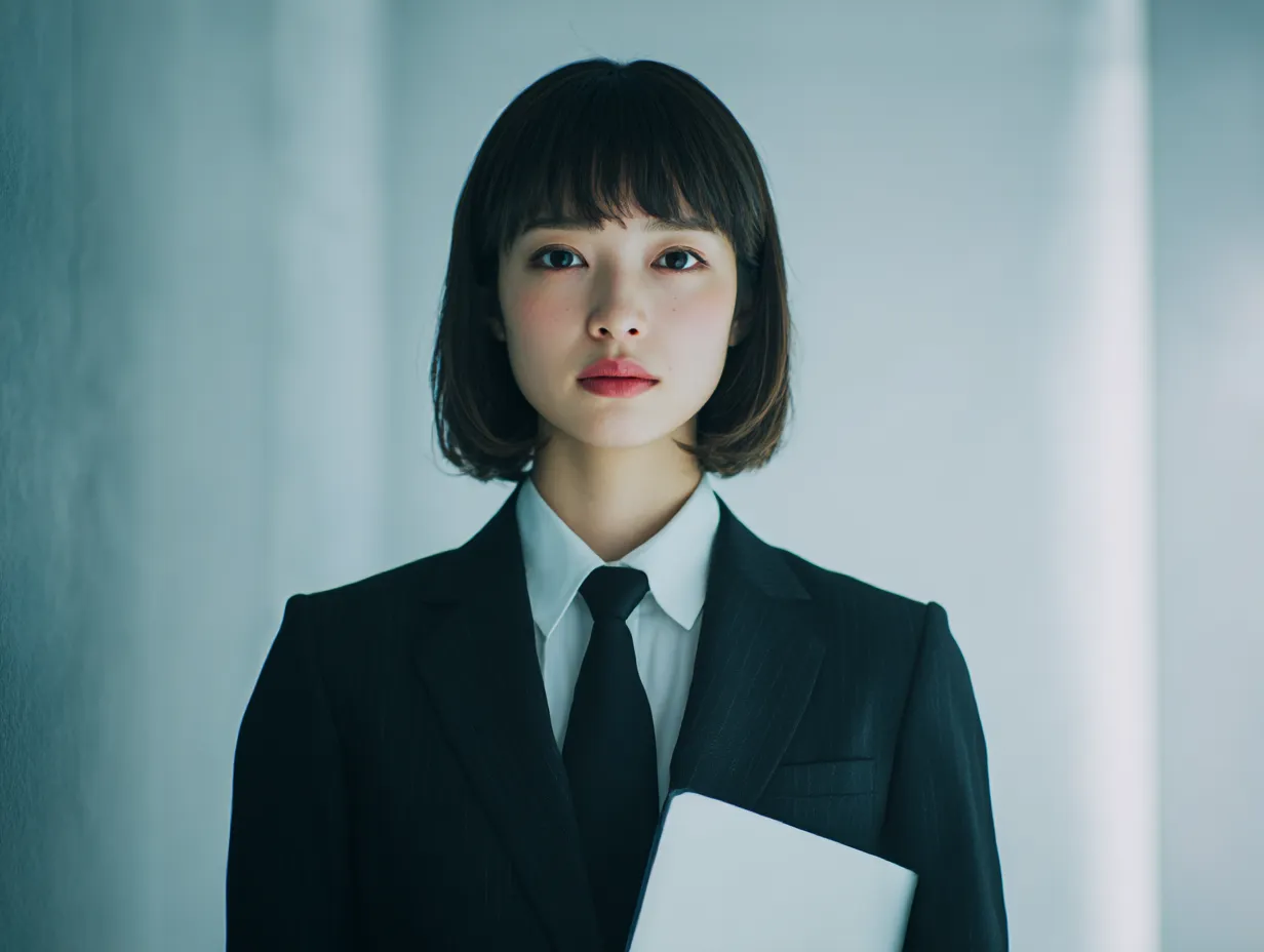 スーツ女子とシンプルな背景｜静謐な空間に佇むスーツ女子の正面カット。シンプルな背景とモノトーンの色調が、誠実さや信頼感を印象づけます。ビジネスプロフィールや採用コンテンツ向けのスーツ女子素材として活用できます。