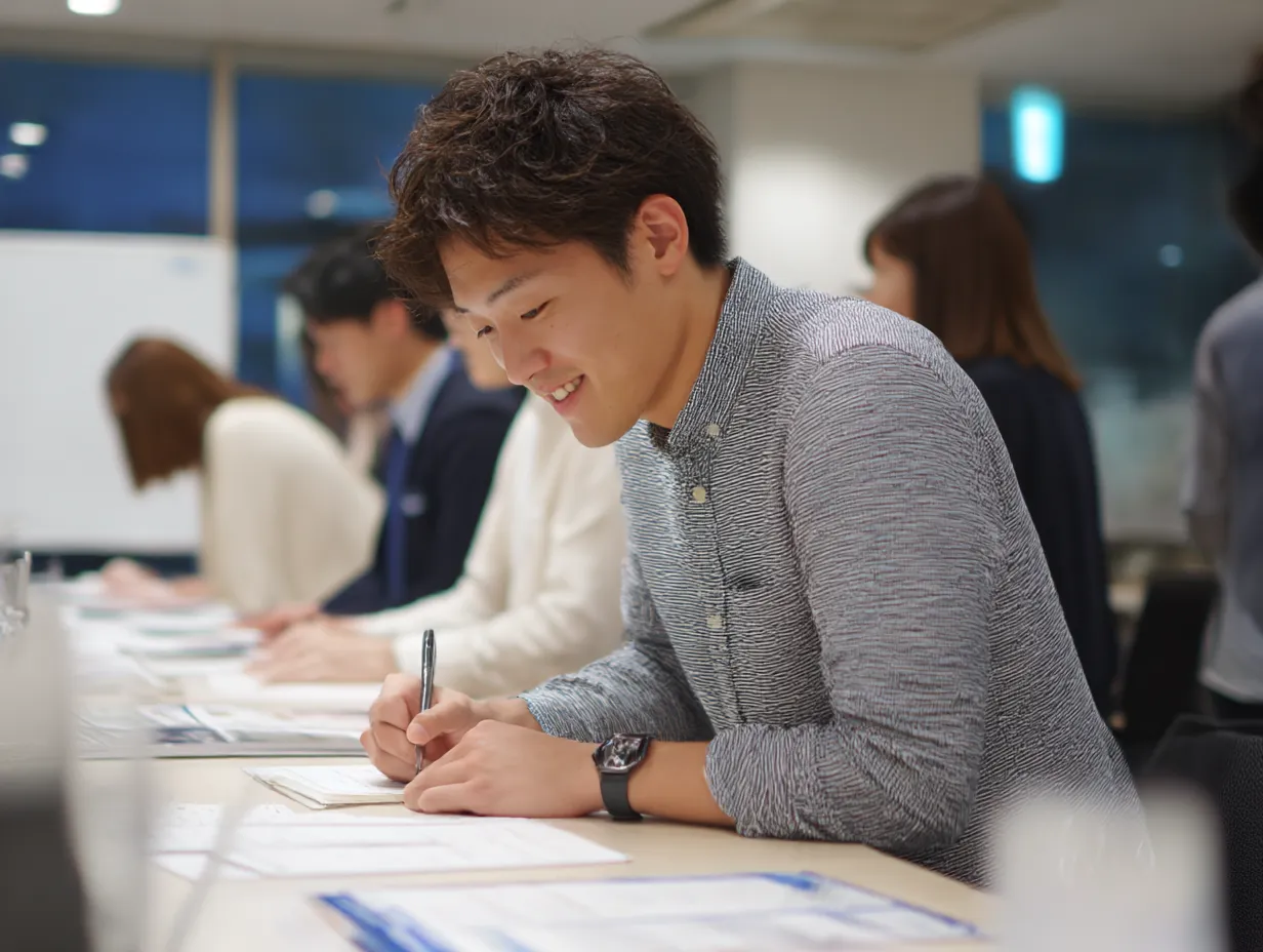 研修に励む若手社員の笑顔｜ビジネス研修の現場を捉えた、明るく前向きな印象の写真。自然光と柔らかな色調がフレッシュな若手社員の表情を引き立て、「研修」のポジティブな空気感が伝わる素材。