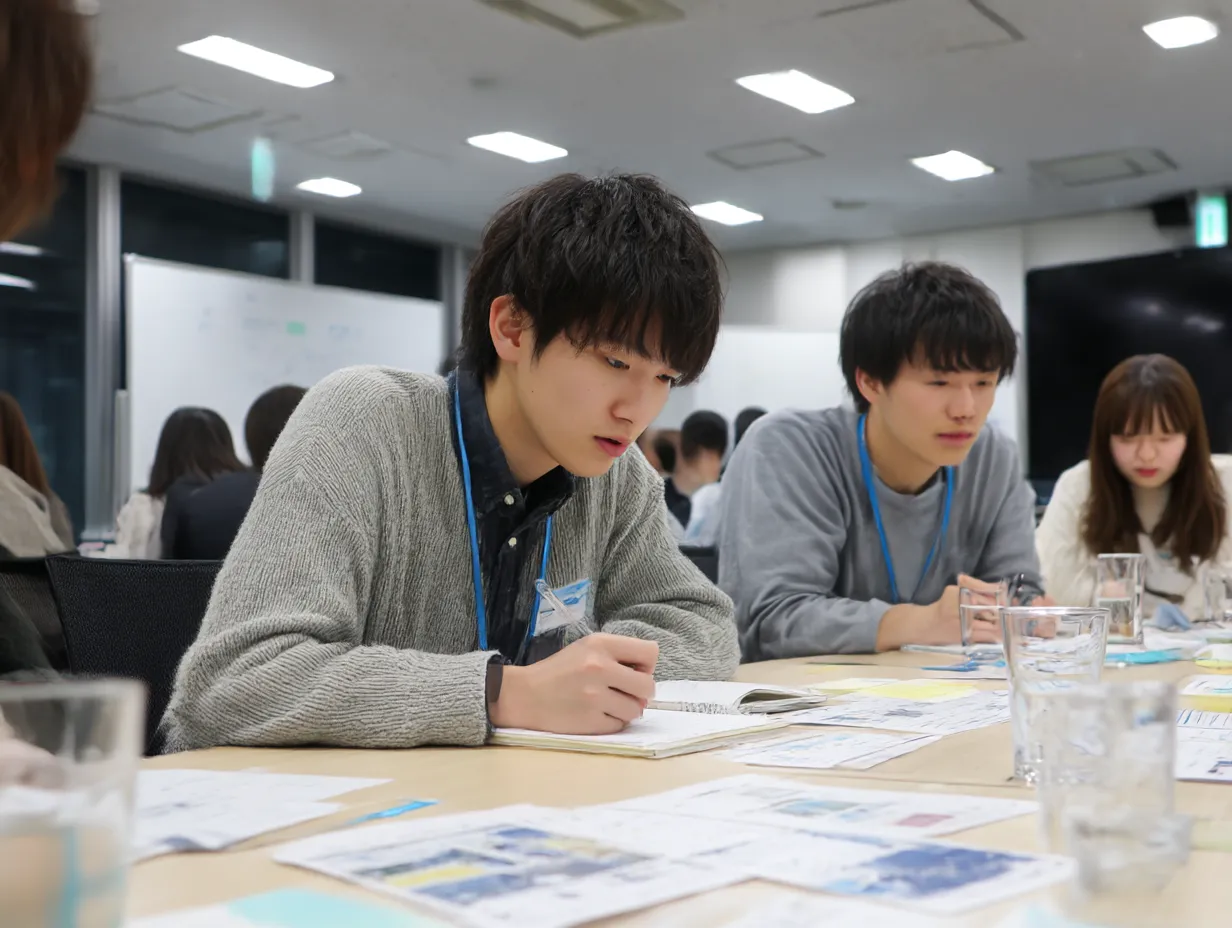 真剣に研修に取り組む若手男性｜資料に向き合い集中する若手の姿を正面から捉えた構図。ホワイトボードやテーブル資料など、企業の「研修」シーンに適したリアリティあるビジュアルが特徴。