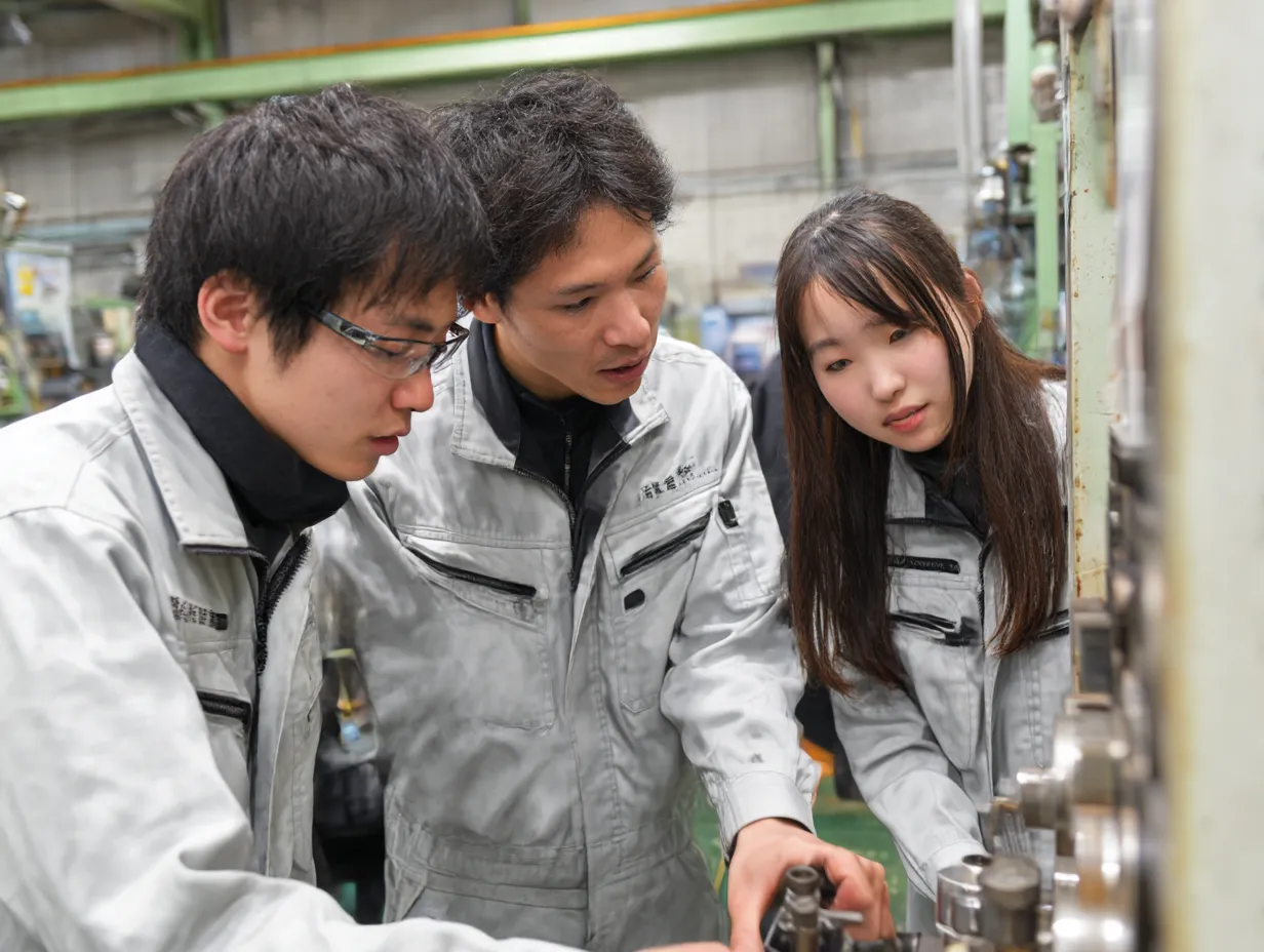 製造現場での技術研修の様子｜工場内で装置の扱いを学ぶ若手作業員たちの一瞬を捉えた素材。「研修」というテーマを現場感あふれる作業服と機械で表現しており、技術職の研修ビジュアルに適している。