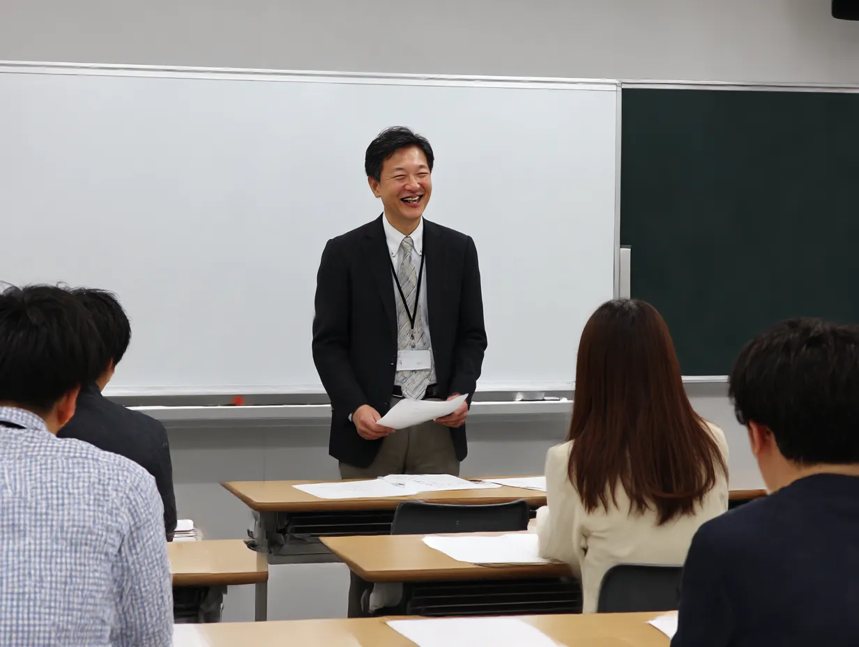 説明会で話すベテラン講師の笑顔｜ホワイトボード前に立ち、柔らかな笑顔で話す講師が主役の1枚。フォーマルな空間で信頼感を与え、企業説明会や研修冒頭の雰囲気に最適なビジネス素材。