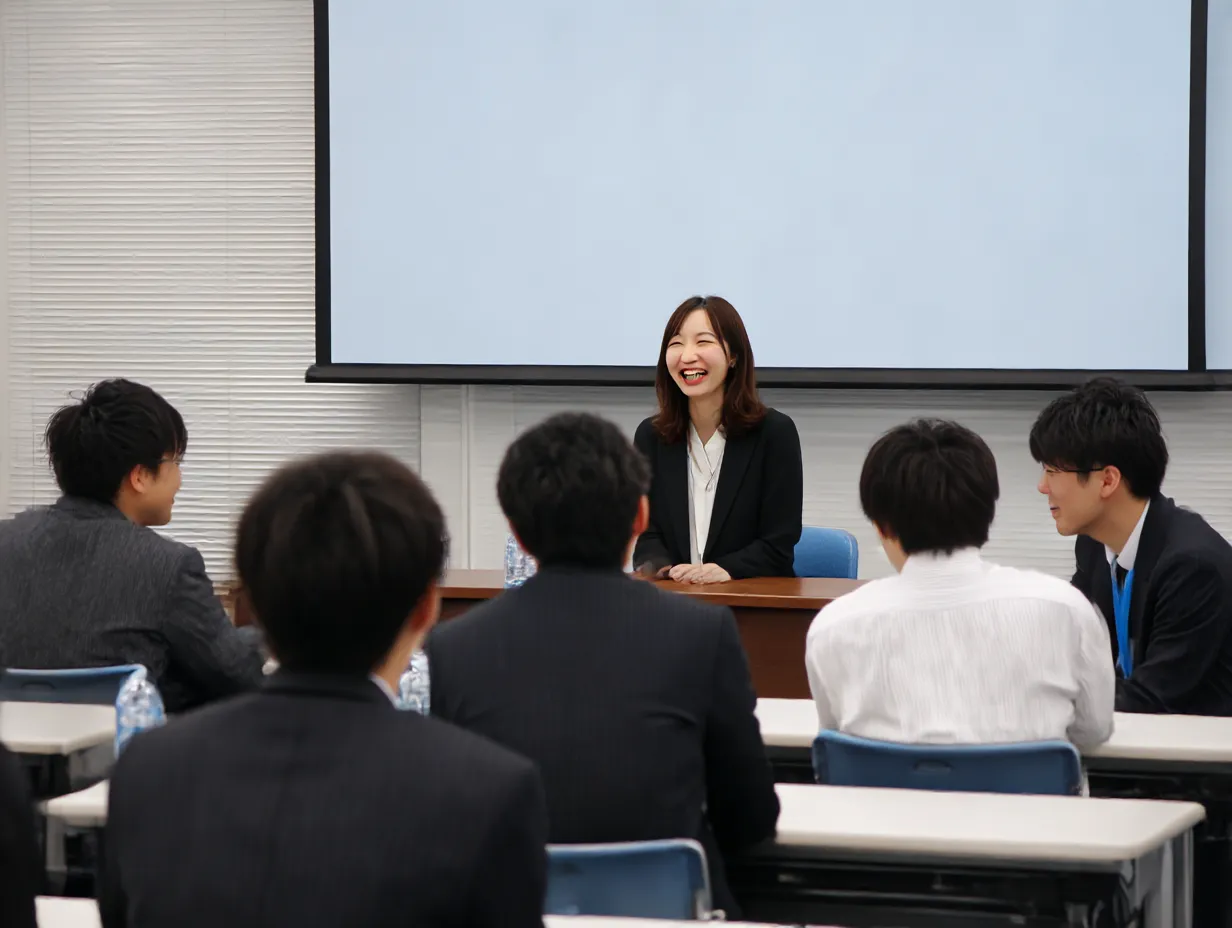 若手女性による説明会プレゼン風景｜清潔感ある会場で、笑顔の若手女性がスピーカーを務める構図。活発で前向きな企業説明会を印象づけるデザインで、新卒向け素材としても有用。