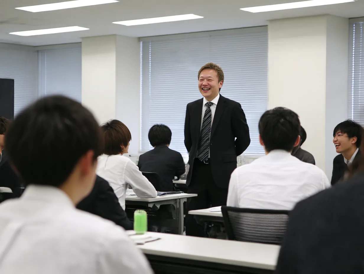 説明会で笑顔を見せる男性講師｜柔らかい自然光が差し込む室内で、和やかに説明を進める講師の様子を捉えたカット。説明会のリラックスした雰囲気が伝わり、親近感を引き立てる。