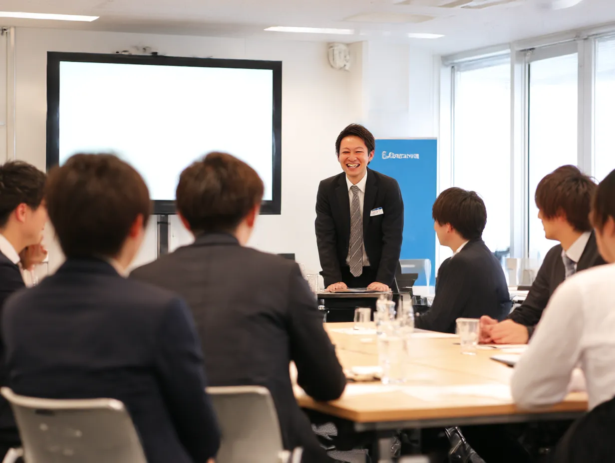 説明会で語りかける若手社員｜中央に立つ社員と周囲の参加者が笑顔で会話を交わす様子を写したシーン。フレッシュでエネルギッシュな説明会の一場面をスタイリッシュに表現。