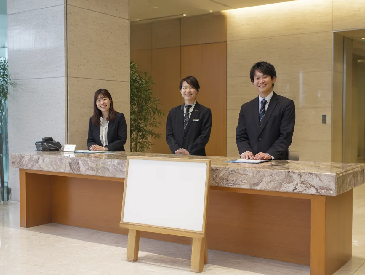 企業説明会の受付スタッフ陣｜オフィスビルのエントランスで笑顔で立つ受付スタッフたちの正面構図。丁寧な印象を与える説明会受付の様子をリアルに捉えた、実務的な活用に適した素材。