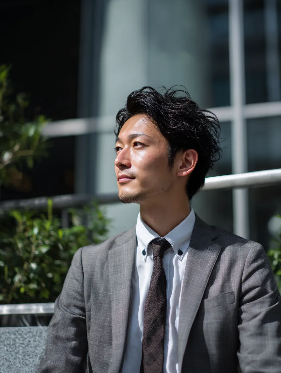 サラリーマンの見上げる横顔｜自然光の中で表情をとらえたポートレート。柔らかな影と光がサラリーマンの意志や希望を象徴し、企業の広報やインタビュー素材としても活用しやすい構図。