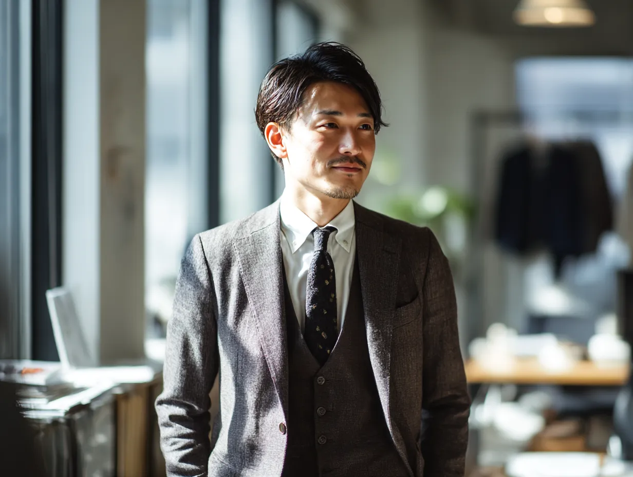 サラリーマンの立ち姿と微笑み｜室内の温かみある光が印象的な1枚。整ったスーツ姿と穏やかな表情が、信頼感や誠実さを演出するサラリーマンの理想的イメージに仕上がっている。