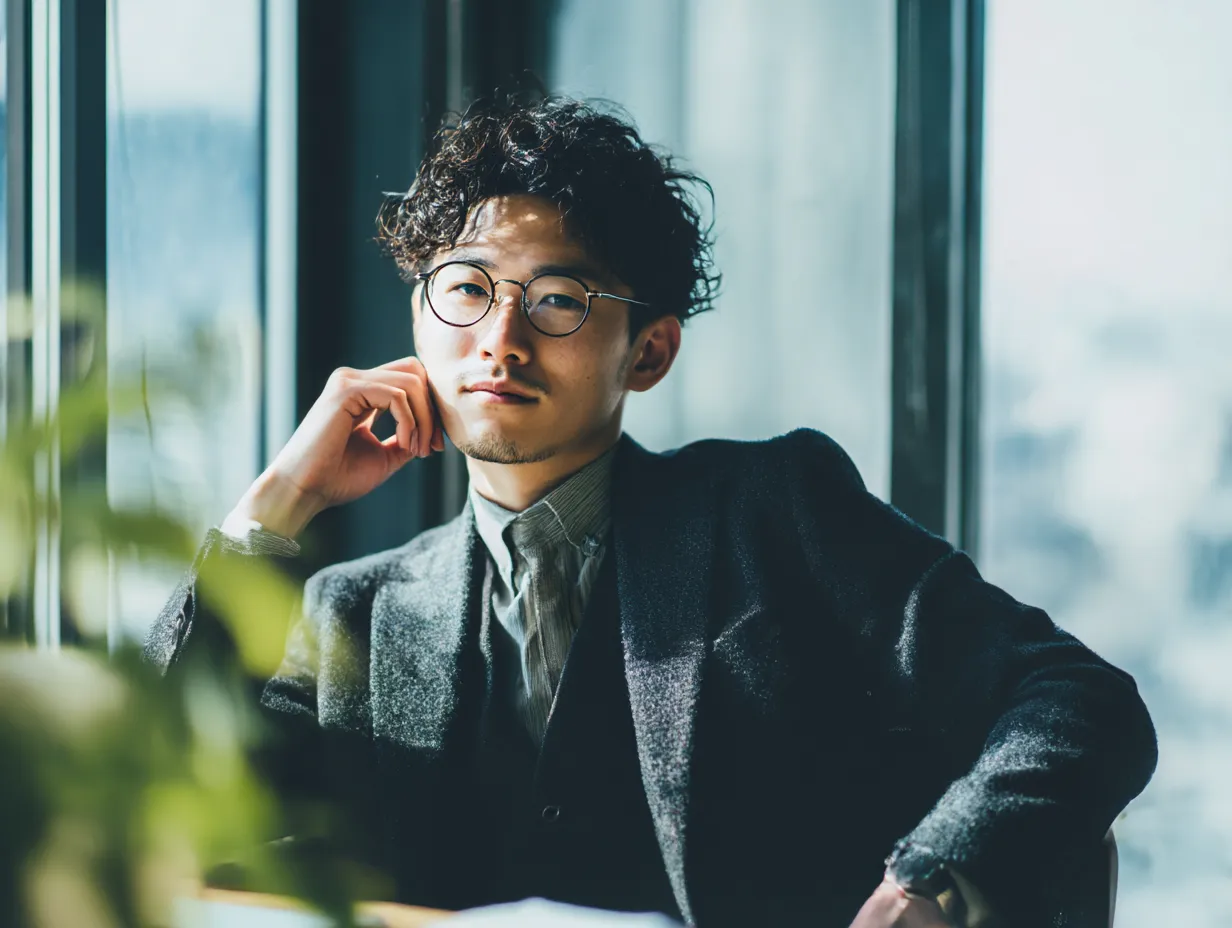 サラリーマンの考えるポーズ｜窓際で思索的にたたずむ姿が印象的。メガネや柔らかな光を活かした演出が、知的なサラリーマン像としてビジネス書や教育系広告にも適する。