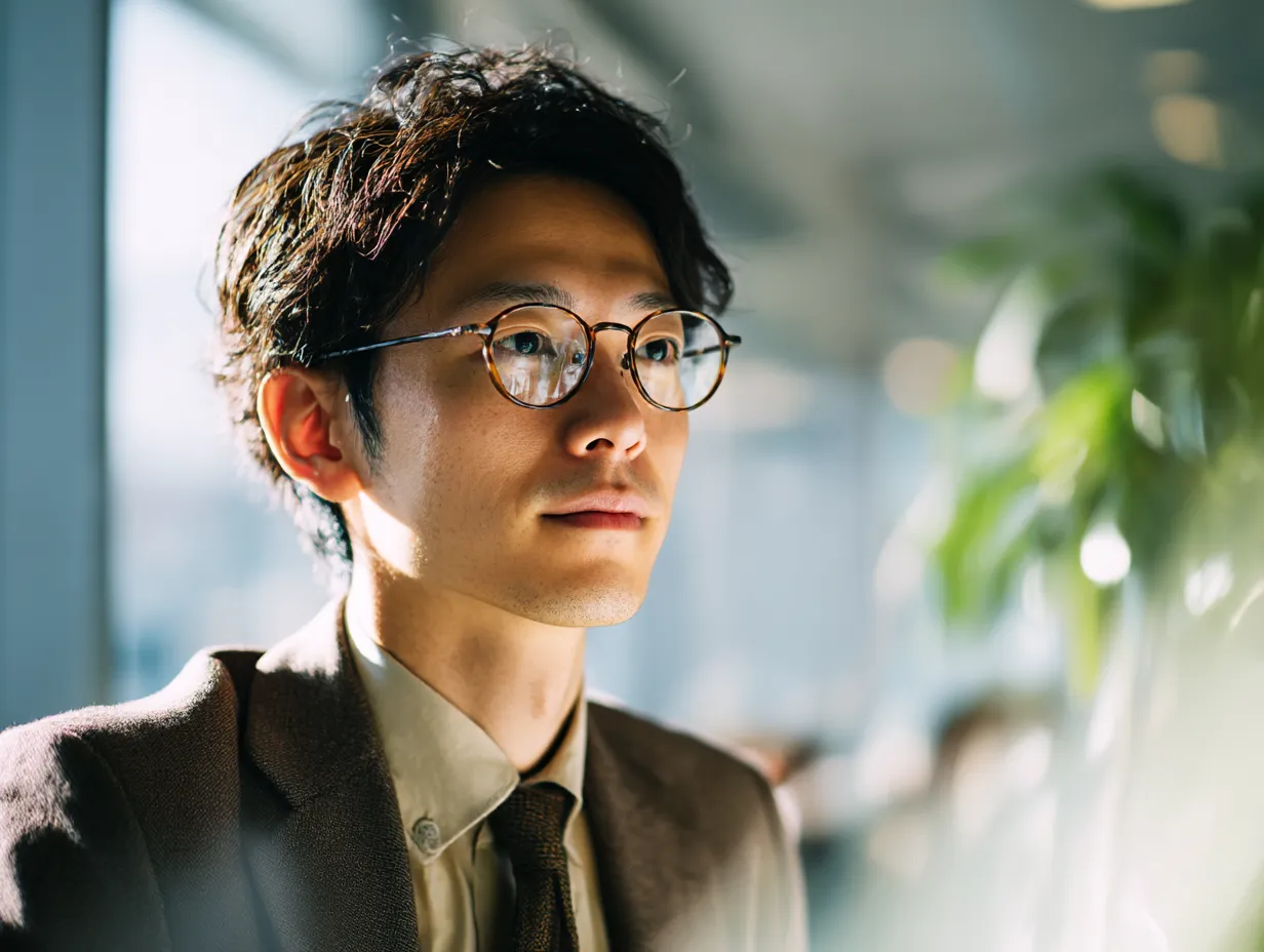 サラリーマンの眼差しと緑｜自然光の反射を効果的に使い、室内でも爽やかさを演出。メガネ越しのまなざしが誠実で、サラリーマンの落ち着いた印象を強調する活用度の高い素材。