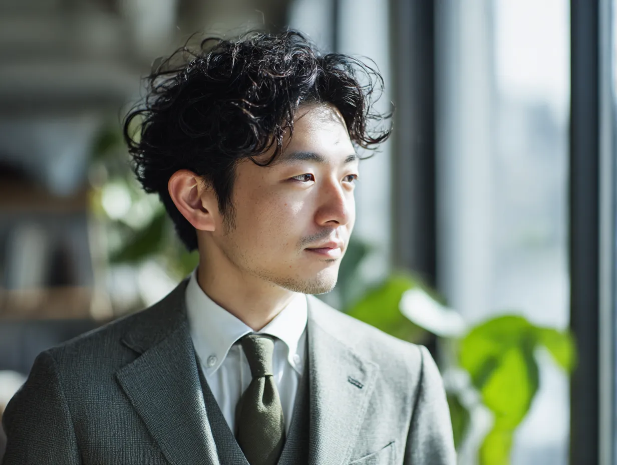 サラリーマンの横顔と光の輪郭｜ナチュラルライティングを活かした立体感ある横顔。穏やかで優しい表情が、信頼を与えるサラリーマンのイメージづくりに効果的な写真。