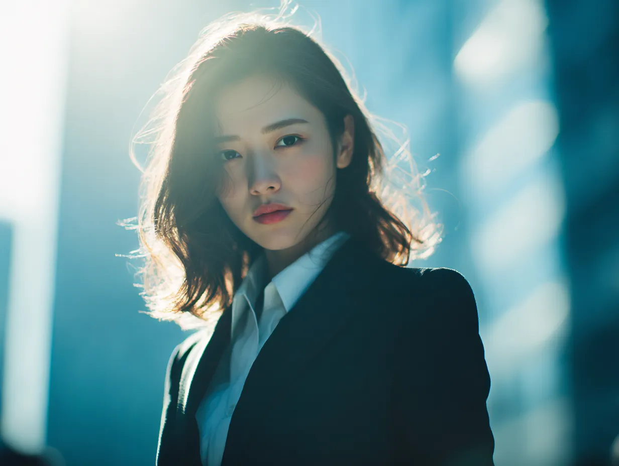 スーツ女子と逆光の街角｜高層ビルの間で光に包まれたスーツ女子の姿がドラマチック。逆光でふんわり浮かぶ髪の質感が優しく、都会的で洗練されたスーツ女子のビジネス素材として最適です。