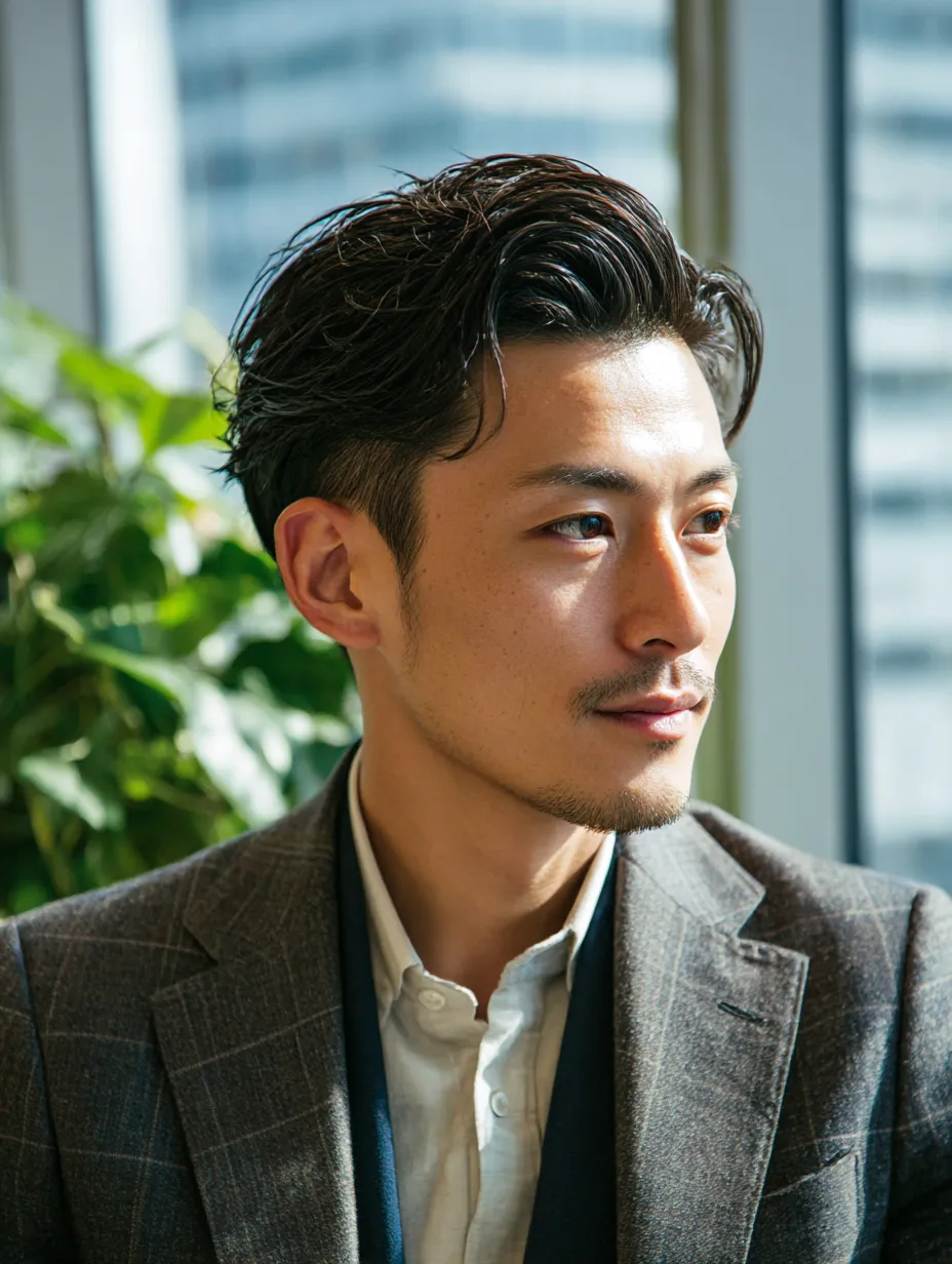知的な営業マンの横顔ポートレート｜洗練されたスーツ姿と落ち着いた表情が、営業マンの知的で信頼感ある雰囲気を伝えます。柔らかい逆光と室内のグリーンが、穏やかで都会的なビジネスシーンを演出しています。