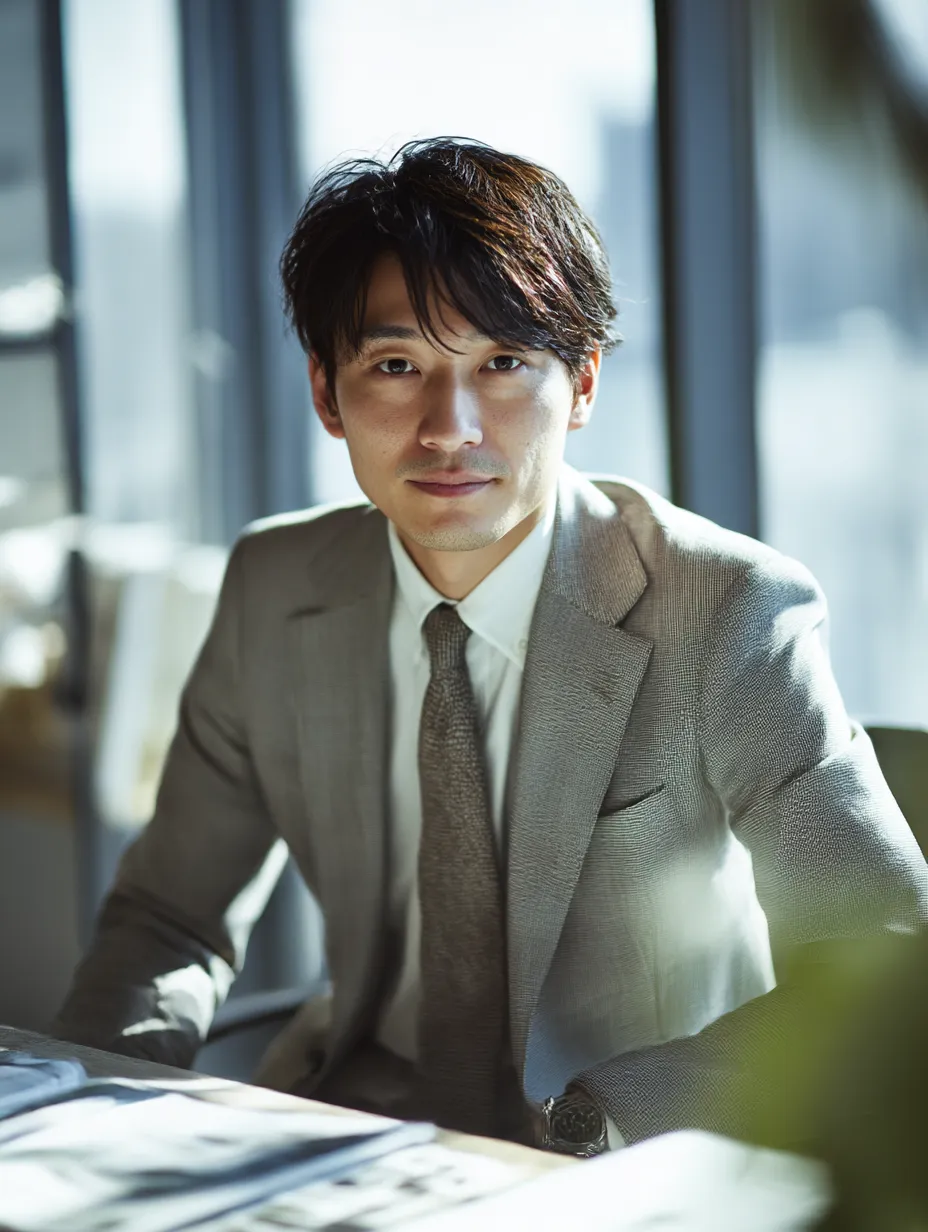落ち着いた営業マンの執務イメージ｜グレースーツと落ち着いた色調で構成された、静かな執務中の営業マン。やや逆光の光が知性と誠実さを感じさせ、信頼される人物像を引き立てるビジネス向け写真素材です。