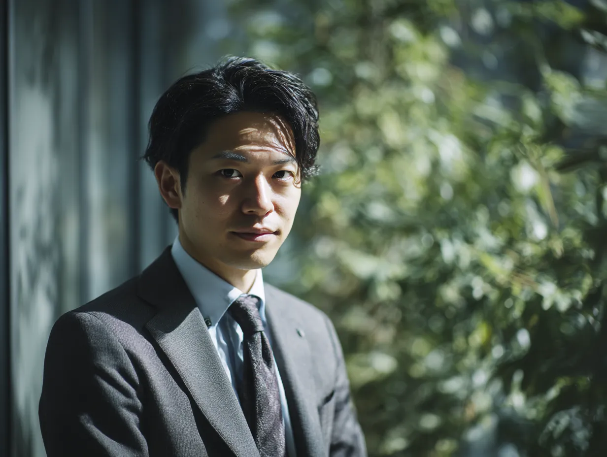 知的な営業マンの横顔ポートレート｜洗練されたスーツ姿と落ち着いた表情が、営業マンの知的で信頼感ある雰囲気を伝えます。柔らかい逆光と室内のグリーンが、穏やかで都会的なビジネスシーンを演出しています。