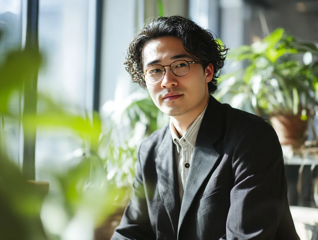 日差しの中の営業マンの表情カット｜強い自然光とコントラストの効いたスーツ姿が印象的な営業マン。壁にもたれたリラックスしたポーズと、前を見据える目線が力強さと柔らかさを兼ね備えた印象を演出しています。
