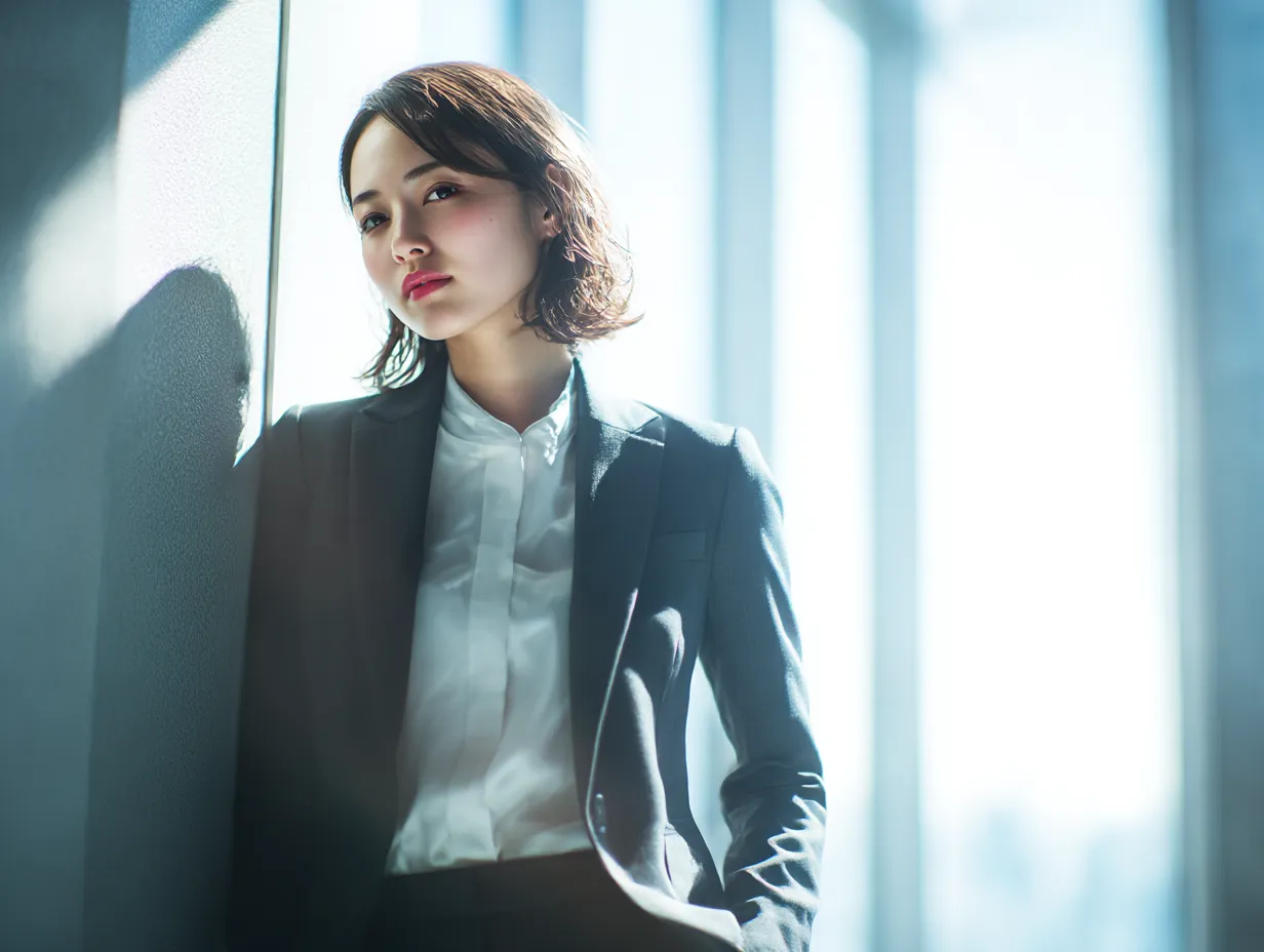 スーツ女子と光差し込む窓辺｜オフィスの大きな窓から柔らかな光が差し込む中で佇むスーツ女子。ナチュラルな陰影と清潔感のある色合いが印象的で、スーツ女子を被写体とした洗練されたビジネス素材に最適です。
