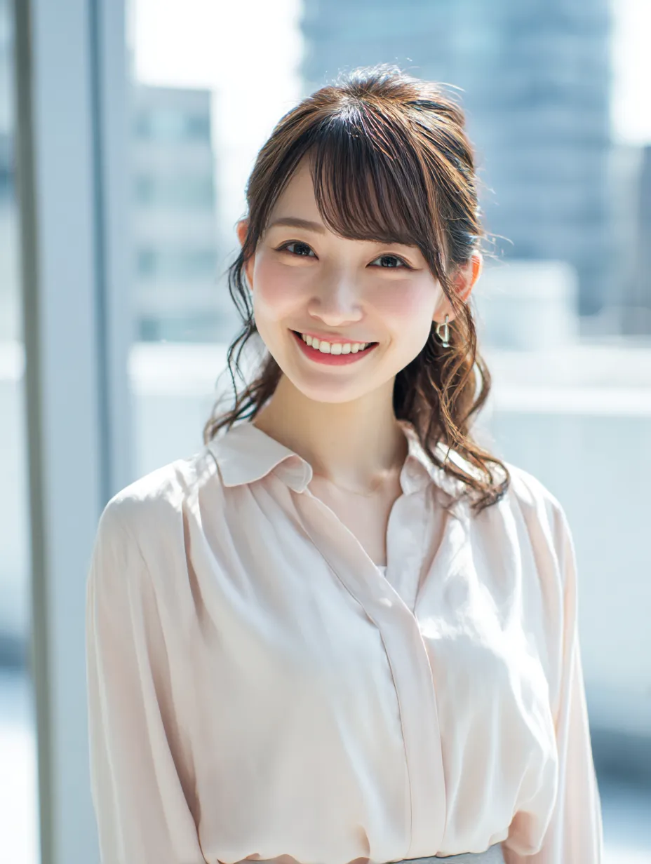 明るい表情のOLの人物ポートレート｜柔らかな日差しに包まれた空間で、ナチュラルに笑顔を見せるOLの姿。やわらかい色合いと明快な構図が、広告やパンフレットにも使いやすい印象です。