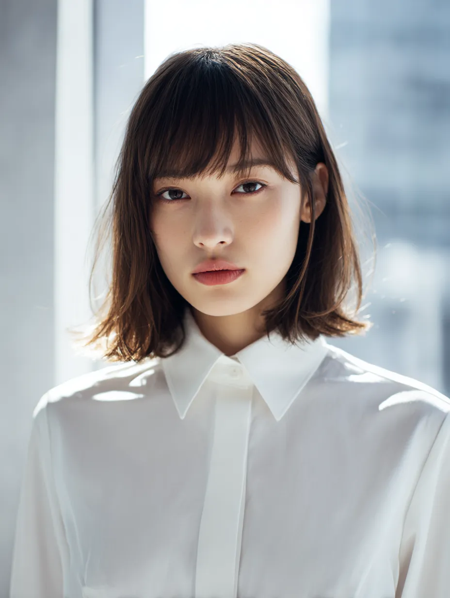 クールな雰囲気のOLのアップ写真｜光と影のバランスが美しく、静かな自信を感じさせるOLの表情を印象的に切り取っています。モダンで洗練された構成が魅力のビジネス素材です。