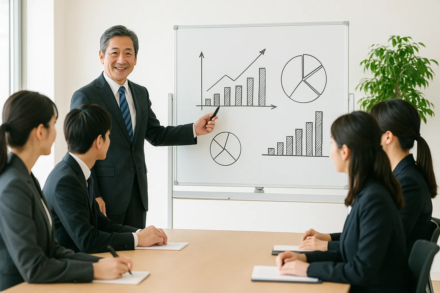 プレゼン中の課長と若手社員｜白板にグラフを示しながら話す課長の姿が印象的な構図。ビジネス研修や教育のシーンに適した素材で、課長の経験と安心感が伝わる雰囲気です。