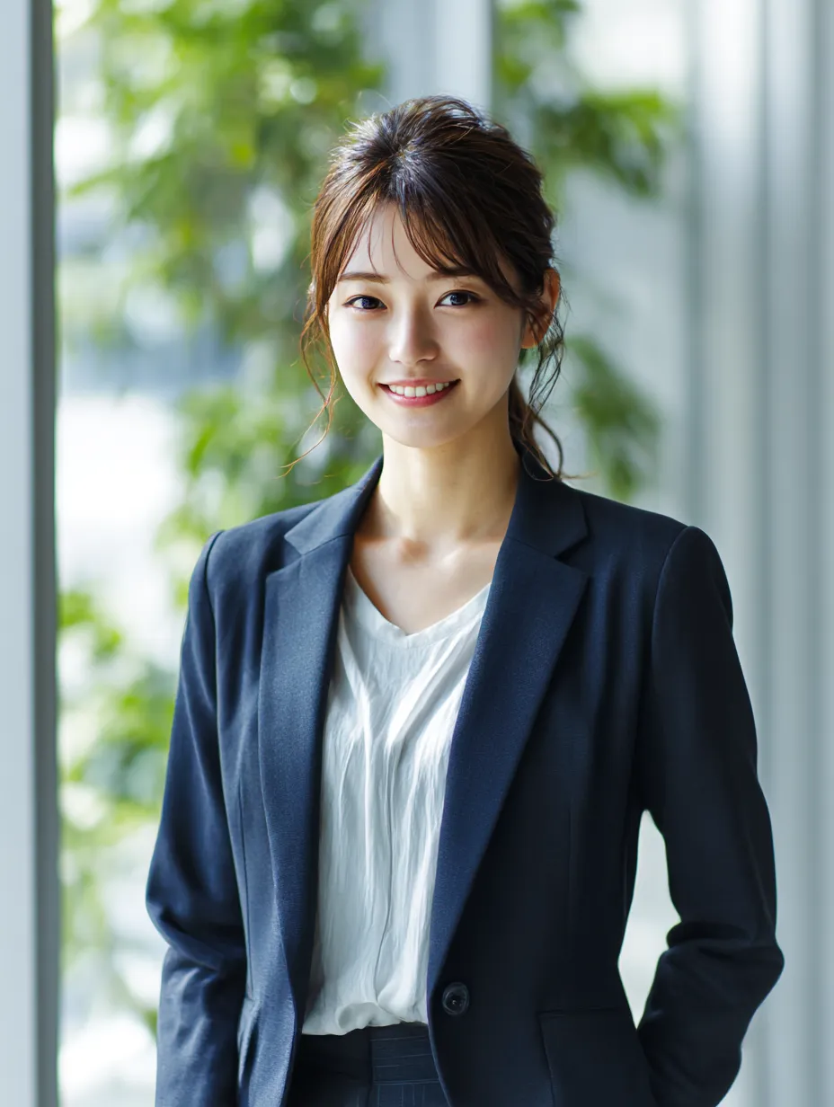 笑顔の課長が迎える朝の光｜窓辺に立つ爽やかな笑顔の女性課長。やわらかな自然光に包まれ、信頼感と清潔感を演出するビジネスシーンにぴったりな写真素材です。