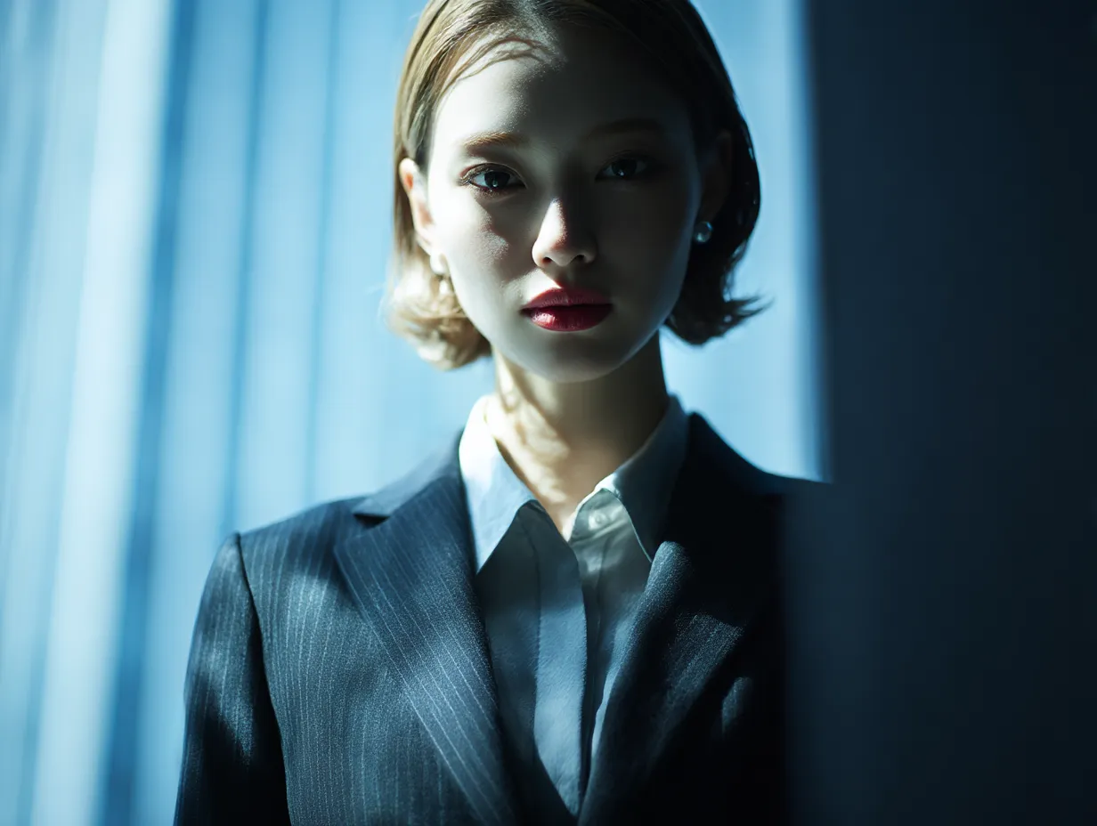 スーツ女子と青の陰影演出｜クールな青のトーンに包まれた空間で、静かに見つめるスーツ女子が凛とした存在感を放ちます。スーツ女子の冷静さや知的な印象を表現したビジネスシーン向け素材です。