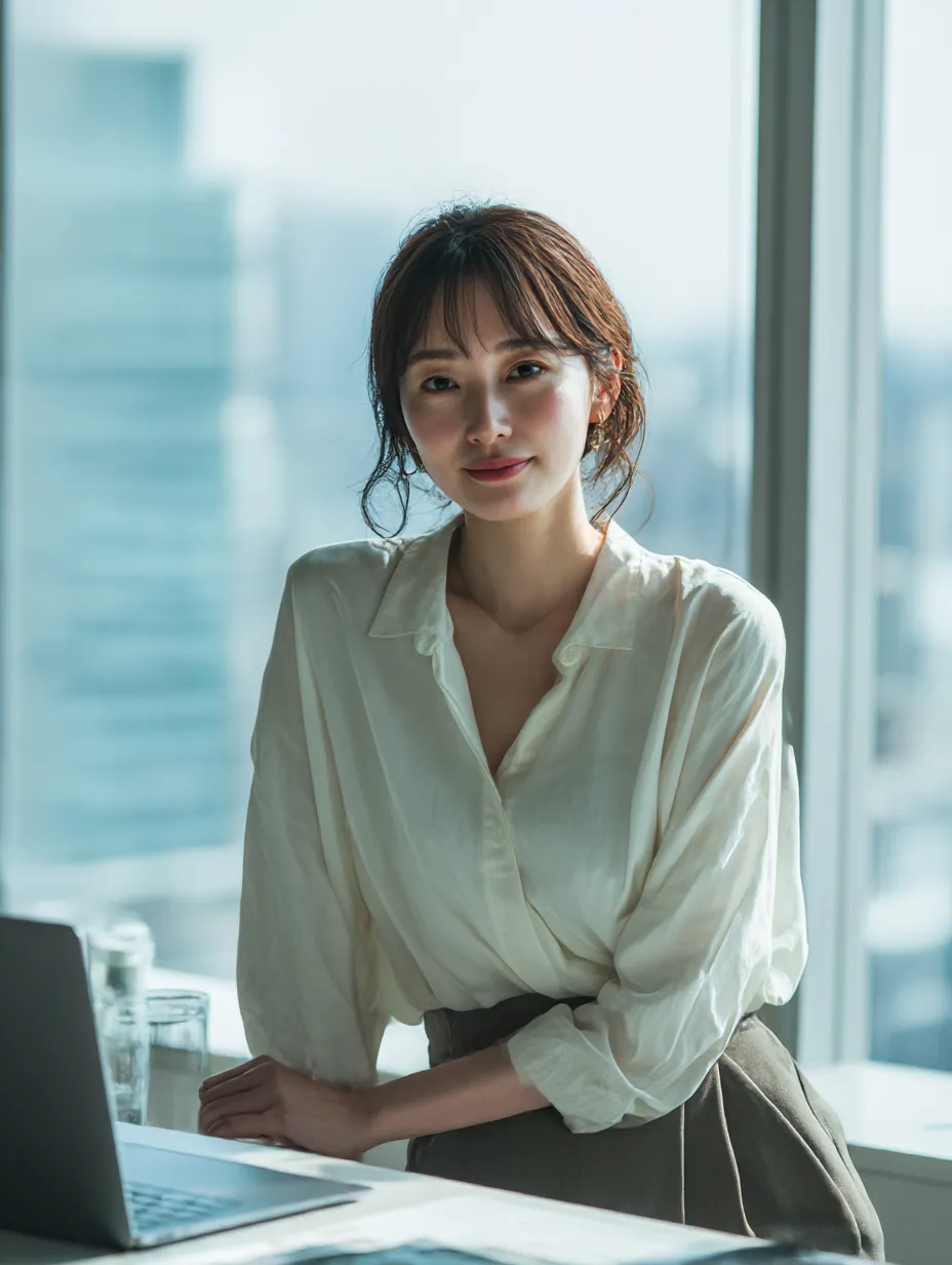 柔らかな光に包まれる課長の思案｜パソコン前でふと考え込む女性課長を捉えた一枚。逆光と柔らかい色調が、知性と落ち着きを感じさせるドラマティックな印象を与えます。