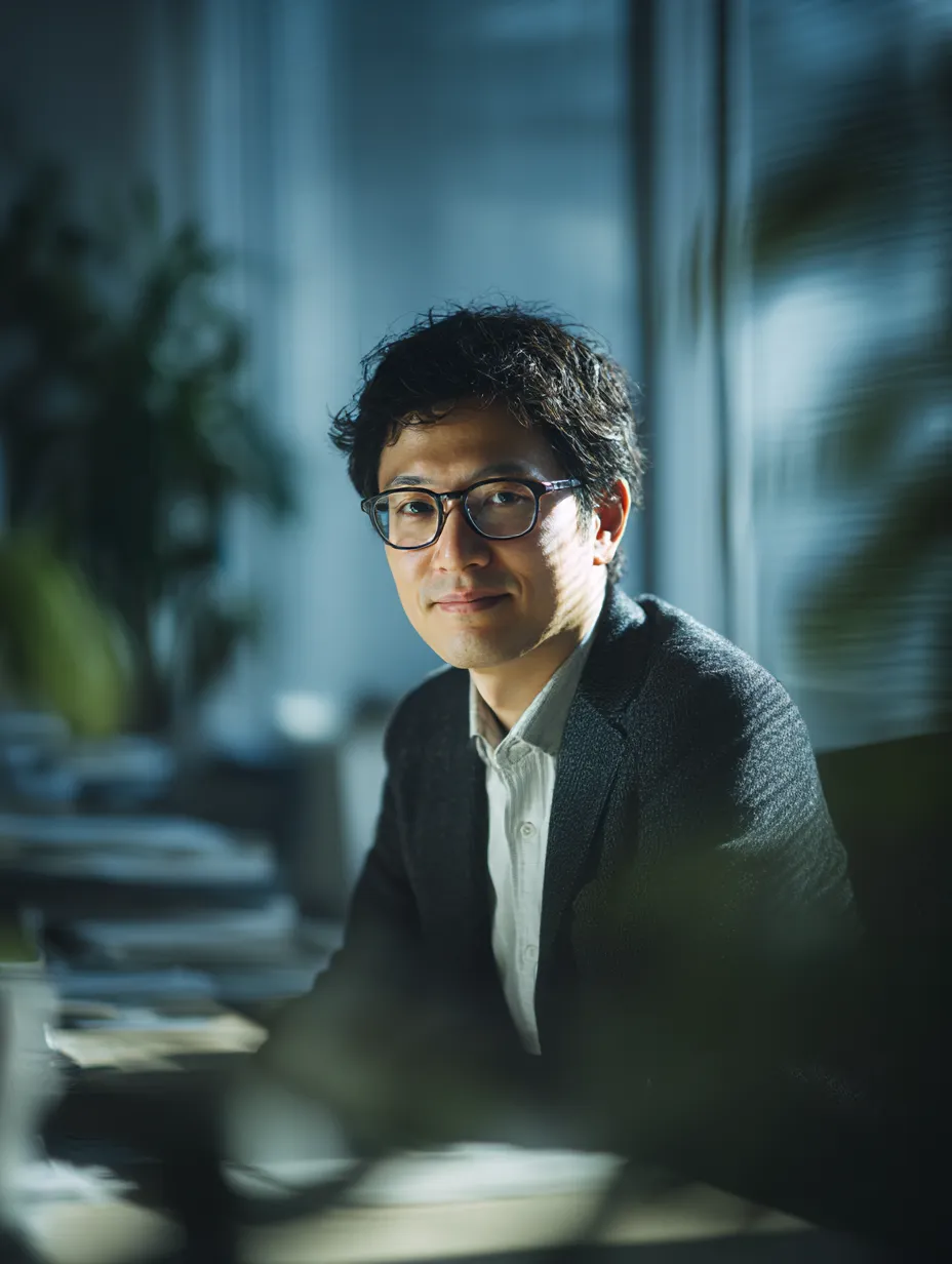 静かなオフィスの課長のひととき｜落ち着いた室内で作業中の眼鏡の課長。背景のボケ感と光のコントラストが印象的で、信頼と集中をテーマにしたビジネス表現に最適です。