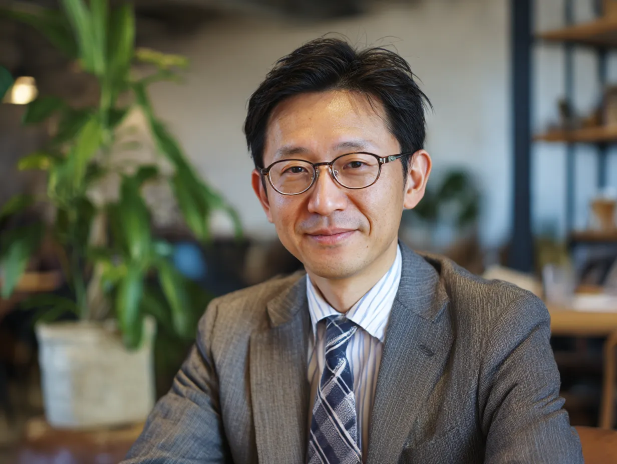 親しみやすい笑顔の課長｜カフェ風の空間で微笑む眼鏡の課長。リラックスした表情が印象的で、柔らかな人柄やコミュニケーション力の高さを感じさせます。