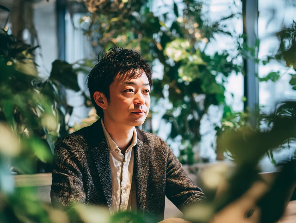 緑に囲まれた課長の静寂｜観葉植物の中で思索する課長をナチュラルに撮影。自然光とボケ感を活かした構図で、思慮深く穏やかな印象を表現しています。